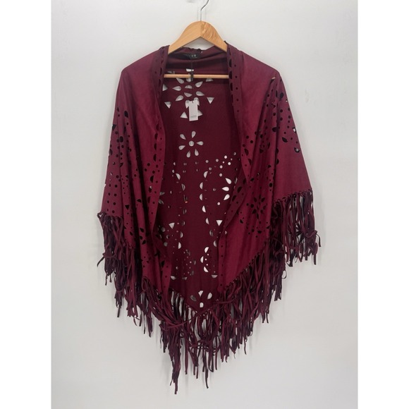 NWT Choies Laser Cut and Fringe Faux Suede Shawl Burgundy Cut Out Whisky Goth - Picture 2 of 8